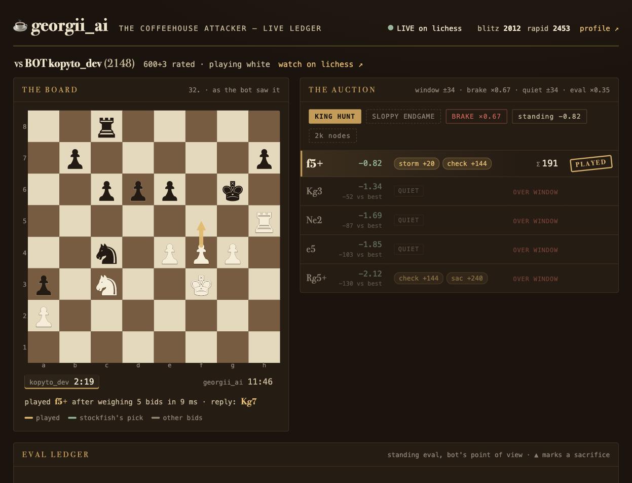 Screenshot of the georgii_ai dashboard with a chessboard and move-decision details